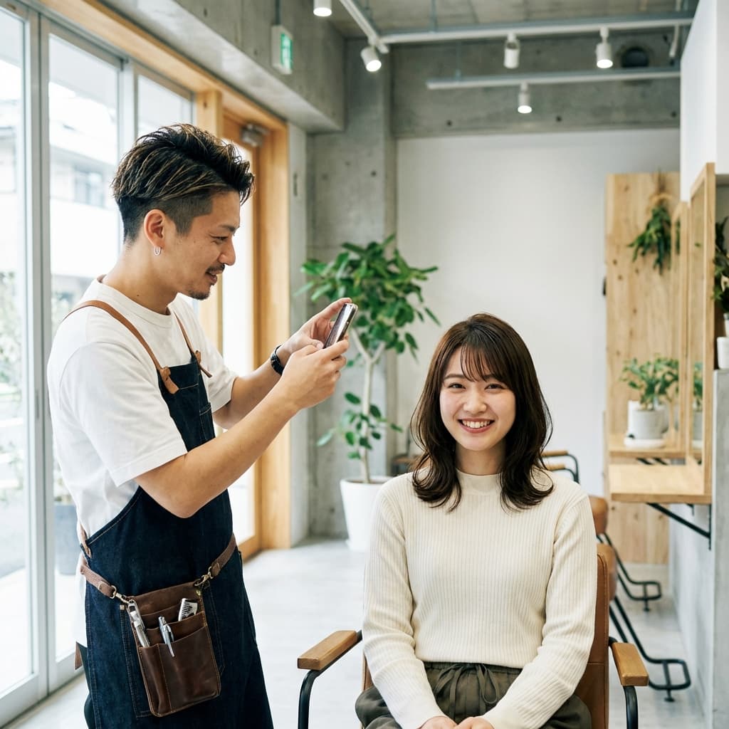 美容師がスマートフォンで写真を撮影している様子